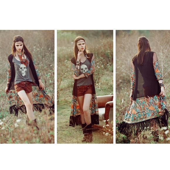 Boho Black Sheer Embroidered Fringe Kimono Duster - Picture 8 of 8